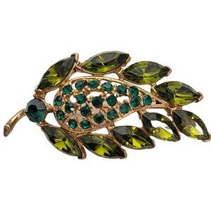 M JENT Vintage Green Rhinestone Slammed Leaf Brooch Pin, Signed E899